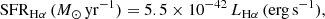 $$ \begin{aligned} \mathrm{SFR}_{\rm H\alpha }\,(M_\odot \,\mathrm{yr}^{-1}) = 5.5 \times 10^{-42}\,L_{\rm H\alpha }\,(\mathrm{erg\,s}^{-1}), \end{aligned} $$