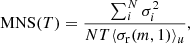 Mathematical equation: $$ \begin{aligned} \mathrm{MNS}(T) = \frac{\sum _i^N \sigma _i^2}{NT\langle \sigma _{\rm r} (m,1)\rangle _u} ,\end{aligned} $$