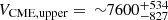 Mathematical equation: $ V_{\mathrm{CME, upper}} =\,{\sim} 7600 \substack{+534 \\ -827} $