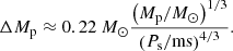 $$ \begin{aligned} \Delta M_\text{p}\approx 0.22~M_\odot \frac{\left(M_\text{p}/M_\odot \right)^{1/3}}{\left(P_\mathrm{s} /\mathrm{ms} \right)^{4/3}}\mathrm{.} \end{aligned} $$