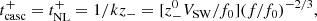 Mathematical equation: $$ \begin{aligned} t^+_{\rm casc}=t_{\rm NL}^+ = 1/kz_-=[z_-^0V_{\rm SW}/f_0](f/f_0)^{-2/3}, \end{aligned} $$