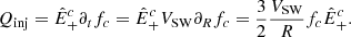 Mathematical equation: $$ \begin{aligned} Q_{\rm inj}={\hat{E}}_+^c\partial _t f_c={\hat{E}}_+^cV_{\rm SW}\partial _R f_c=\frac{3}{2} \frac{V_{\rm SW}}{R}f_c{\hat{E}}_+^c. \end{aligned} $$