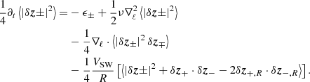 Mathematical equation: $$ \begin{aligned} \frac{1}{4}\partial _t \left\langle \left| \delta \boldsymbol{z}\pm \right|^2 \right\rangle =&-\epsilon _\pm + \frac{1}{2}\nu \mathbf{\nabla }_\ell ^2\left\langle \left| \delta \boldsymbol{z}\pm \right|^2 \right\rangle \\&-\frac{1}{4}\mathbf{\nabla }_\ell \cdot \left\langle \left| \delta \boldsymbol{z}_{\pm } \right|^2\delta \boldsymbol{z}_{\mp } \right\rangle \nonumber \\&-\frac{1}{4}\frac{V_{\rm SW}}{R}\left[\left\langle \left| \delta \boldsymbol{z}\pm \right|^2 +\delta \boldsymbol{z}_{+}\cdot \delta \boldsymbol{z}_{-} -2\delta \boldsymbol{z}_{+,R}\cdot \delta \boldsymbol{z}_{-,R} \right\rangle \right]\nonumber . \end{aligned} $$