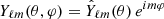 Mathematical equation: $ Y_{\ell m}(\theta, \varphi) = \hat{Y}_{\ell m}(\theta) \, e^{i m \varphi} $