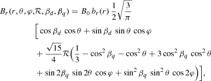 Mathematical equation: $$ \begin{aligned} B_r(r,\theta ,\varphi ,&\mathcal{R} , \beta _d, \beta _q) = B_0 \, b_r(r) \, \frac{1}{2}\sqrt{\frac{3}{\pi }} \nonumber \\&\Big [\cos {\beta _d}\,\cos {\theta } + \sin {\beta _d} \, \sin {\theta } \, \cos {\varphi }\\\nonumber&+ \frac{\sqrt{15}}{4} \mathcal{R} \Big (\frac{1}{3} - \cos ^2{\beta _q} - \cos ^2{\theta } + 3 \cos ^2{\beta _q} \, \cos ^2{\theta }\\\nonumber&+ \sin {2\beta _q} \, \sin {2\theta } \, \cos {\varphi } + \sin ^2{\beta _q} \, \sin ^2{\theta } \, \cos {2\varphi }\Big )\Big ] , \end{aligned} $$