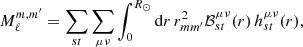 Mathematical equation: $$ \begin{aligned} M_{\ell }^{m,m^{\prime }}&= \sum _{st} \sum _{\mu \nu } \int _0^{R_{\odot }} \mathrm{d} r\, r^2_{mm^{\prime }}\mathcal{B} _{st}^{\mu \nu } (r) \,h_{st}^{\mu \nu } (r), \end{aligned} $$
