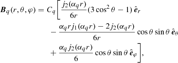 Mathematical equation: $$ \begin{aligned} \boldsymbol{B}_q(r, \theta , \varphi )&= C_q \bigg [\frac{j_2(\alpha _q r)}{6r} (3\cos ^2\theta - 1)\, \hat{\boldsymbol{e}}_{r} \nonumber \\&\qquad - \frac{\alpha _q r j_1(\alpha _q r) - 2 j_2(\alpha _q r)}{6r} \cos \theta \sin \theta \, \hat{\boldsymbol{e}}_{\theta } \nonumber \\&\qquad + \frac{\alpha _q j_2(\alpha _q r)}{6}\cos \theta \sin \theta \, \hat{\boldsymbol{e}}_{\varphi }\bigg ], \end{aligned} $$