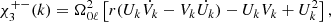 Mathematical equation: $$ \begin{aligned} \chi _{3}^{+-}(k)&= \Omega _{0\ell }^2 \left[ r(U_k\dot{V_k}-V_k\dot{U_k}) - U_k V_k + U_k^2 \right], \end{aligned} $$