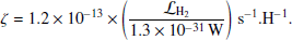 $$ \begin{aligned} \zeta = 1.2\times 10^{-13}\times \left( \frac{\mathcal{L} _{\rm H_2}}{1.3\times 10^{-31}\,\mathrm{W}} \right)\, \mathrm{s}^{-1}.\mathrm{H}^{-1} .\end{aligned} $$