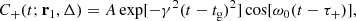 $$ \begin{aligned} C_+(t; \mathbf r _1,\Delta ) = A\exp [ - {\gamma ^2}{(t - {t_{\rm {g}}})^2}]\cos [{\omega _0}(t - {\tau _+})], \end{aligned} $$