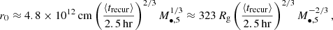 Mathematical equation: $$ \begin{aligned} r_0 \approx 4.8 \times 10^{12} \, \mathrm{cm} \left( \frac{\langle t_{\rm {recur}} \rangle }{2.5 \, \mathrm {hr}} \right)^{2/3} M_{\bullet ,5}^{1/3} \approx 323 \, R_{\rm g} \left( \frac{\langle t_{\rm {recur}} \rangle }{2.5 \, \mathrm {hr}} \right)^{2/3} M_{\bullet ,5}^{-2/3} \,, \end{aligned} $$