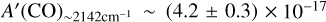 $\[A^{\prime}(\mathrm{CO})_{\sim 2142 \mathrm{~cm}^{-1}} \sim(4.2 \pm 0.3) \times10^{-17}\]$