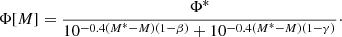 $$ \begin{aligned} \Phi [M] = \frac{{\Phi ^*}}{10^{-0.4 (M^* - M)(1-\beta )} + 10^{-0.4 (M^* - M)(1-\gamma )}}\cdot \end{aligned} $$