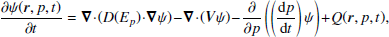 $$ \begin{aligned} \frac{\partial \psi (\boldsymbol{r},p,t)}{\partial t}=\boldsymbol{\nabla } \cdot (D(E_p) \cdot \boldsymbol{\nabla } \psi )-\boldsymbol{\nabla } \cdot (\boldsymbol{V} \psi )-\frac{\partial }{\partial p}\left(\left(\frac{ \mathrm{d} p}{\mathrm{d} t}\right)\psi \right)+Q(\boldsymbol{r},p,t), \end{aligned} $$