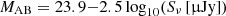 $ M_\mathrm{{AB}} = 23.9 {-} 2.5 \log_{10}(S_{\nu}\, [{\upmu}\rm{Jy}]) $