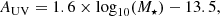 $$ \begin{aligned} A_{\rm UV} = 1.6\times \log _{10}(M_{\star })-13.5, \end{aligned} $$