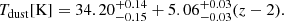 $$ \begin{aligned} T_{\rm dust}[\mathrm{K}] = 34.20^{+0.14}_{-0.15}+5.06^{+0.03}_{-0.03}(z-2). \end{aligned} $$
