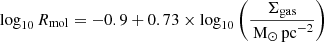 $ \log_{10} R_{\mathrm{mol}} = -0.9 + 0.73 \times \log_{10} \left(\frac{\Sigma_{\mathrm{gas}}}{\,\mathrm{M_\odot\,pc}^{-2}}\right) $