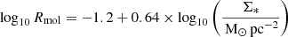$ \log_{10} R_{\mathrm{mol}} = -1.2 + 0.64 \times \log_{10} \left(\frac{{\Sigma_{*}}}{\,\mathrm{M_\odot\,pc}^{-2}}\right) $