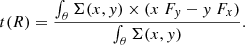 $$ \begin{aligned} t(R) = \frac{\int _\theta \Sigma (x,{ y})\times (x~F_{ y} -{ y}~F_x)}{\int _\theta \Sigma (x,{ y})}. \end{aligned} $$