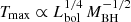 $ T_{\mathrm{max}} \propto L_{\mathrm{bol}}^{1/4}\,M_{\mathrm{BH}}^{-1/2} $