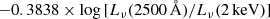 $$ \begin{aligned} -0.3838\times \mathrm{log}\,[L_{\nu }(2500\,{\AA })/L_{\nu }(2\,\mathrm{keV})] \end{aligned} $$