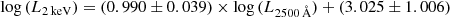 $$ \begin{aligned} \mathrm{log}\,(L_{2\,\mathrm{keV}}) = (0.990 \pm 0.039)\times \mathrm{log}\,(L_{2500\,\AA }) + (3.025 \pm 1.006) \end{aligned} $$