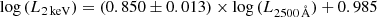 $$ \begin{aligned} \mathrm{log}\,(L_{2\,\mathrm{keV}}) = (0.850 \pm 0.013)\times \mathrm{log}\,(L_{2500\,\AA }) + 0.985 \end{aligned} $$