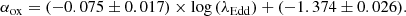 $$ \begin{aligned} \alpha _{\rm ox} = (-0.075 \pm 0.017) \times \mathrm{log}\,(\lambda _{\rm Edd}) + (-1.374 \pm 0.026). \end{aligned} $$