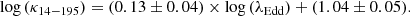 $$ \begin{aligned} \mathrm{log}\,(\kappa _{14-195})&= (0.13 \pm 0.04) \times \mathrm{log}\,(\lambda _{\rm Edd}) + (1.04 \pm 0.05). \end{aligned} $$