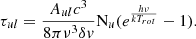 $$ \begin{aligned} \tau _{ul} = \frac{A_{ul} c^3}{8\pi \nu ^3 \delta v} \mathrm{N}_u (e^{\frac{h\nu }{kT_{rot}}} - 1). \end{aligned} $$