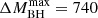 $ \Delta M_{\mathrm{BH}}^{\mathrm{max}} = 740 $