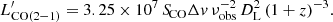 $$ \begin{aligned} L^{\prime }_{\mathrm{CO} (2{-}1)} = 3.25 \times 10^{7} \, {S\!}_{\mathrm{CO} }\Delta v \, \nu ^{-2}_{\mathrm{obs} } \, D^{2}_{\rm L} \, (1+z)^{-3}. \end{aligned} $$