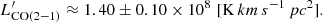 $$ \begin{aligned} L^{\prime }_{\mathrm{CO} (2{-}1)} \approx 1.40 \pm 0.10\times 10^{8} \,\, [\mathrm K\,km\,s^{-1}\,pc^{2} ]. \end{aligned} $$