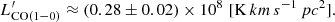 $$ \begin{aligned} L^{\prime }_{\mathrm{CO} (1{-}0)} \approx (0.28 \pm 0.02) \times 10^{8} \,\, [\mathrm K\,km\,s^{-1}\,pc^{2} ]. \end{aligned} $$