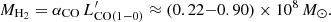 $$ \begin{aligned} M_{\rm H_2} = \alpha _{\mathrm{CO} } \, L^{\prime }_{\mathrm{CO} (1{-}0)} \approx (0.22{-}0.90) \times 10^{8}\,M_{\odot }. \end{aligned} $$