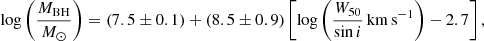 $$ \begin{aligned} \log \left(\frac{M_{\mathrm{BH} }}{M_{\odot }}\right) = (7.5 \pm 0.1) + (8.5 \pm 0.9) \left[\log \left(\frac{W_{50}}{\sin i}\,\mathrm{km\,s}^{-1}\right) - 2.7\right], \end{aligned} $$