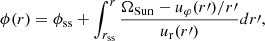$$ \begin{aligned} \phi (r) = \phi _{\rm ss} + \int _{r_{\mathrm{ss} }}^{r} \frac{\Omega _{\rm Sun} - u_\varphi (r\prime )/r\prime }{u_{\rm r}(r\prime )} dr\prime , \end{aligned} $$