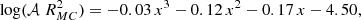 $$ \begin{aligned} \log (\mathcal{A} \; R_{MC}^2) = -0.03\, x^3-0.12\,x^2-0.17\, x -4.50, \end{aligned} $$