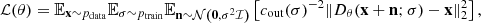 $$ \begin{aligned} {\mathcal{L} }(\theta ) = {\mathbb{E} }_{{\mathbf{x}} \sim p_{\mathrm{data}}} {\mathbb{E} }_{\sigma \sim p_{\rm train}} {\mathbb{E} }_{{\mathbf{n}} \sim {\mathcal{N} }\left(\boldsymbol{0}, \sigma ^2 {\mathcal{I} }\right)} \left[c_{\rm out}(\sigma )^{-2} \Vert D_\theta (\mathbf{x}+\mathbf{n} ; \sigma )-\mathbf{x}\Vert _2^2\right], \end{aligned} $$