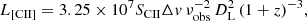 $$ \begin{aligned} L_{\rm [CII]} = 3.25 \times 10^7 S_{\rm {CII}} \Delta v \, \nu ^{-2}_{\rm obs} \, D^{2}_{\rm L} \, (1+z)^{-3}, \end{aligned} $$
