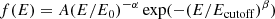 $$ \begin{aligned} f(E) = A (E / E_0) ^ {-\alpha } \exp (- (E / E_{\mathrm{cutoff}})^\beta ) \end{aligned} $$