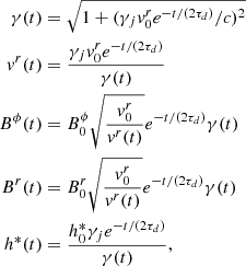 $$ \begin{aligned} \begin{aligned} \gamma (t)&= \sqrt{1 + (\gamma _jv^r_0e^{-t/(2\tau _d)}/c)^2} \\ v^r(t)&= \frac{\gamma _jv^r_0e^{-t/(2\tau _d)}}{\gamma (t)} \\ B^\phi (t)&= B^\phi _0\sqrt{\frac{v^r_0}{v^r(t)}} e^{-t/(2\tau _d)}{\gamma (t)} \\ B^r(t)&= B^r_0\sqrt{\frac{v^r_0}{v^r(t)}} e^{-t/(2\tau _d)}{\gamma (t)} \\ h^*(t)&= \frac{h^*_0\gamma _je^{-t/(2\tau _d)}}{\gamma (t)}, \end{aligned} \end{aligned} $$