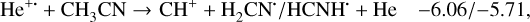 ${\rm{H}}{{\rm{e}}^{ + \cdot }} + {\rm{C}}{{\rm{H}}_3}{\rm{CN}} \to {\rm{C}}{{\rm{H}}^ + } + {{\rm{H}}_2}{\rm{C}}{{\rm{N}}^ \cdot }/{\rm{HCN}}{{\rm{H}}^ \cdot } + {\rm{He}}\quad - 6.06/ - 5.71,$