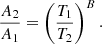 $$ \begin{aligned} \frac{A_2}{A_1} = \left(\frac{T_1}{T_2}\right)^{B}. \end{aligned} $$
