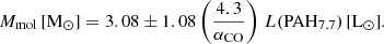 $$ \begin{aligned} M_{\rm mol}\,[\mathrm{M}_{\odot }] = 3.08 \pm 1.08 \left(\frac{4.3}{\alpha _{\rm CO}}\right)\,L(\mathrm{PAH}_{7.7})\,[\mathrm{L}_{\odot }]. \end{aligned} $$