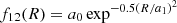 $$ \begin{aligned} f_{12}(R) = a_0 \exp ^{-0.5\left(R/a_1\right)^2} \end{aligned} $$