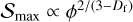 ${{\cal S}_{\max }} \propto {\phi ^{2/\left( {3 - {D_{\rm{f}}}} \right)}}$