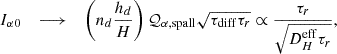 $$ \begin{aligned} \qquad I_{\alpha 0} \quad \longrightarrow \quad \left(n_d\frac{h_d}{H}\right)\mathcal{Q} _{\alpha ,\mathrm {spall}}\sqrt{\tau _{\rm diff}\tau _r} \propto \frac{\tau _r}{\sqrt{D_H^\mathrm{eff}\tau _r}}, \end{aligned} $$
