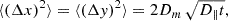 $$ \begin{aligned} \langle (\Delta x)^2 \rangle = \langle (\Delta y)^2 \rangle = 2 D_m\, \sqrt{D_{\parallel } t}, \end{aligned} $$